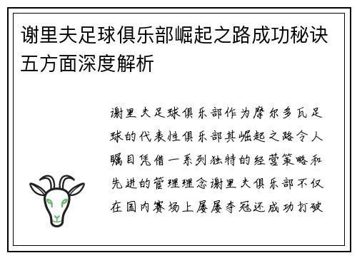 谢里夫足球俱乐部崛起之路成功秘诀五方面深度解析